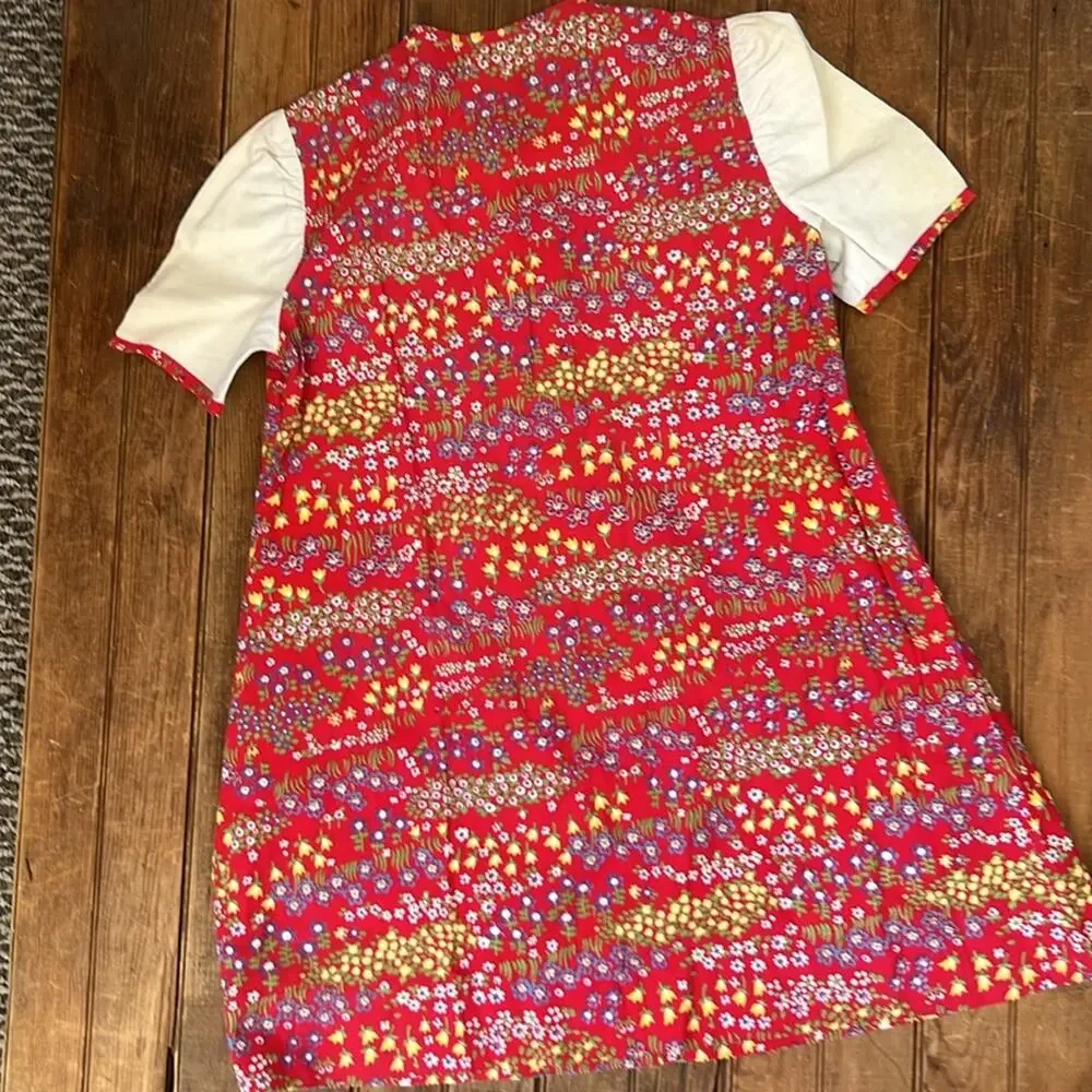 Girls Vintage 70’s Dress Floral short sleeve Home made Red size medium